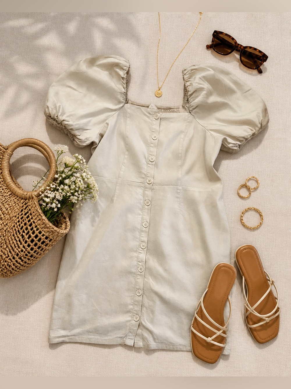 Rachel Parcell Linen Blend Puff Sleeve Mini Dress XL Neutral Cottagecore
